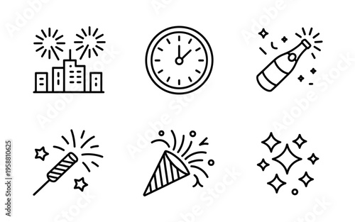 New Year celebration icons set with fireworks clock and champagne bottle