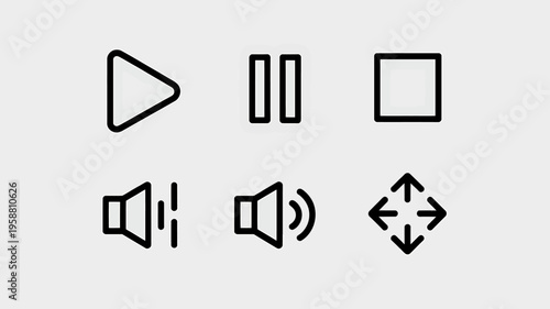 Set of video control and audio icons for multimedia applications and software interface  various playback and sound adjustment symbols