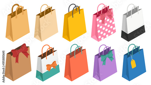 Colorful shopping bags with various designs and bows on white background