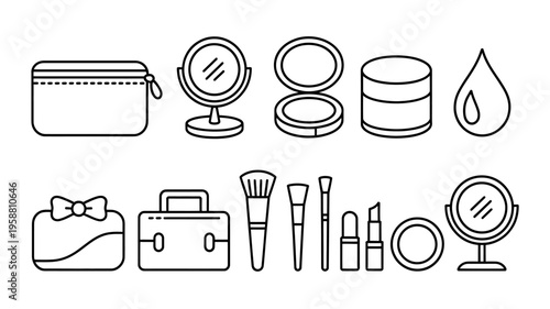 Line drawing of various makeup products and accessories for beauty routine