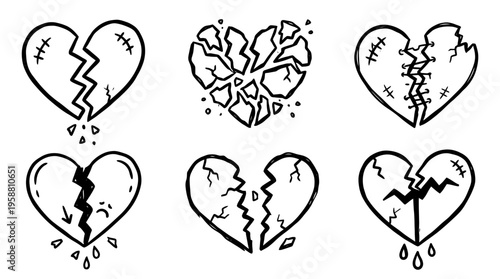 broken heart line vector set. black color sketches style on white background. Vector illustration.