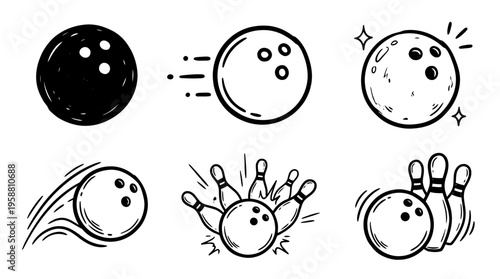 bowling ball line vector set. black color sketches style on white background. Vector illustration.