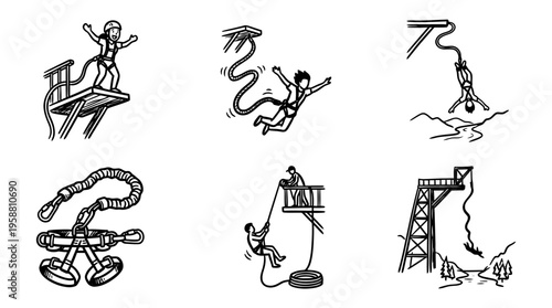 bungee jumping line vector set. black color sketches style on white background. Vector illustration.