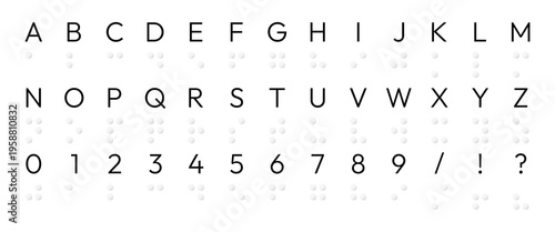 Braille alphabet with numbers and characters. Braille reading system with letters and numbers. Tactile alphabet system for blind or visually impaired people. Vector