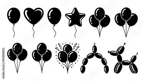 Black balloons in various shapes and sizes on white background