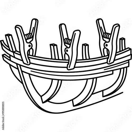 Minimalistic spring clamps holding model hull planks outline icon