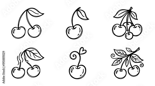 cherry line vector set. black color sketches style on white background. Vector illustration.