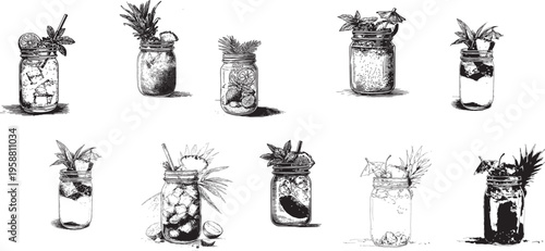 Mason jar cocktails sketch, hand drawn summer drinks illustration