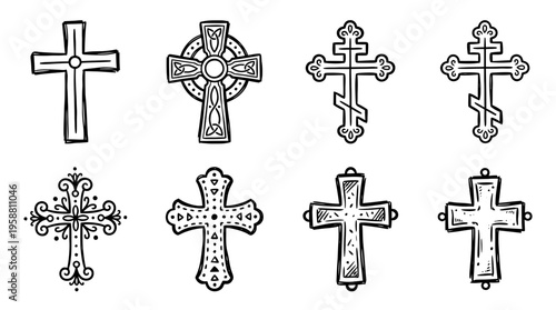 christian cross line vector set. black color sketches style on white background. Vector illustration.