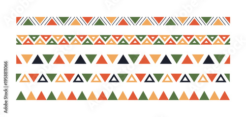 Mexican pattern line border. African ethnic motif border. Aztec triangular ornament line stripe. Mexican or African ethnic culture ornament. Vector illustration isolated on white background.