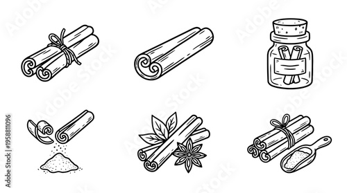 cinnamon stick line vector set. black color sketches style on white background. Vector illustration.