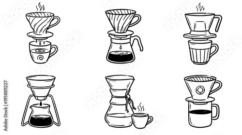 coffee dripper line vector set. black color sketches style on white background. Vector illustration.