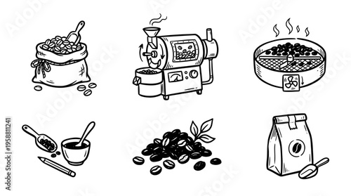 coffee roasting line vector set. black color sketches style on white background. Vector illustration.