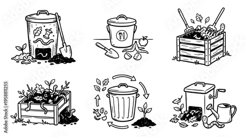 compost bin line vector set. black color sketches style on white background. Vector illustration.