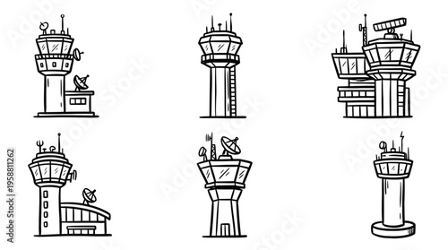 control tower line vector set. black color sketches style on white background. Vector illustration.