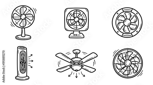 cooling fan line vector set. black color sketches style on white background. Vector illustration.