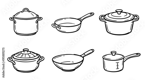 cooking pot line vector set. black color sketches style on white background. Vector illustration.