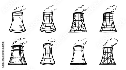 cooling tower line vector set. black color sketches style on white background. Vector illustration.