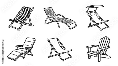 deck chair line vector set. black color sketches style on white background. Vector illustration.