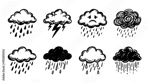 depression cloud line vector set. black color sketches style on white background. Vector illustration.