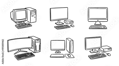 desktop pc line vector set. black color sketches style on white background. Vector illustration.
