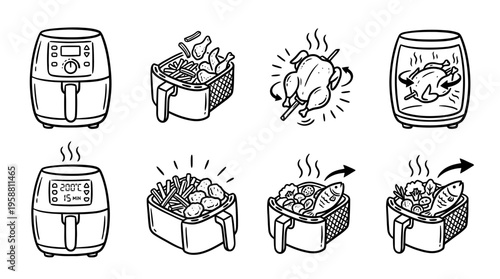 digital air fryer line vector set. black color sketches style on white background. Vector illustration.