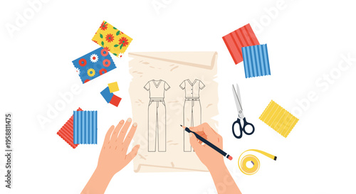 Hands sketch two dress designs on crumpled paper, surrounded by fabric swatches, scissors, and a measuring tape on a white surface.