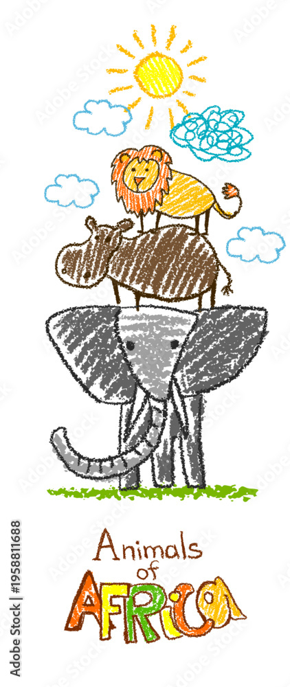 Obraz premium Cartoon Set of African animals for children's drawings. Original bookmark Hand drawn. Not AI, vector illustration.