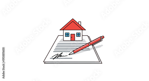 A small red-roofed house is placed on a stack of documents, with a red pen actively signing a signature on the top paper.
