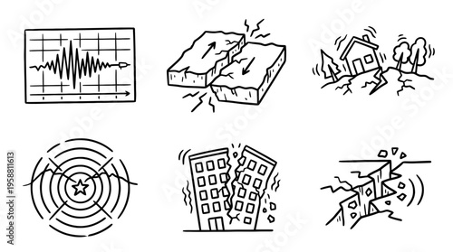 earthquake wave line vector set. black color sketches style on white background. Vector illustration.