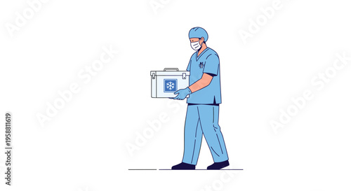 A medical professional wearing blue scrubs, a face mask, and gloves carries a white cooler box with a snowflake symbol.
