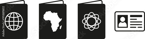 Collection of travel documents and identification cards, including passports with global and continental symbols, and an ID card
