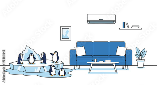 Several small penguins are standing on a jagged ice floe inside a minimalist living room with a blue sofa and an air conditioner.
