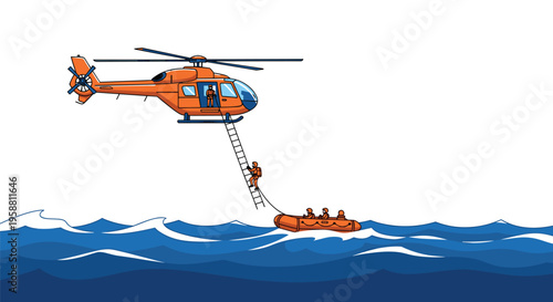 An orange helicopter hovers above choppy dark blue water, lowering a ladder to rescue three people from an inflatable boat.