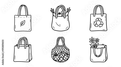 eco bag line vector set. black color sketches style on white background. Vector illustration.