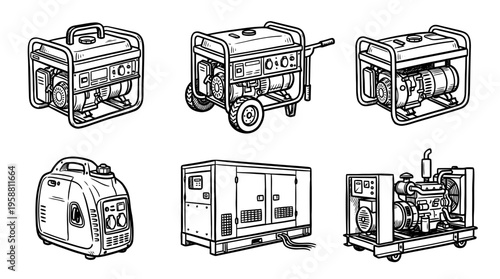 electric generator line vector set. black color sketches style on white background. Vector illustration.