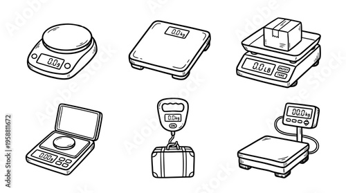 electronic scale line vector set. black color sketches style on white background. Vector illustration.