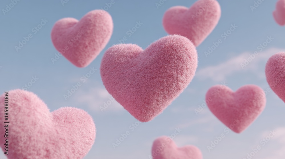 Obraz premium Pink sugar hearts floating in the sky against a blue backdrop. Perfect for Valentine's Day or as sweet treats.