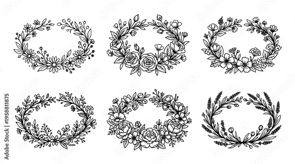 Obraz premium flower crown line vector set. black color sketches style on white background. Vector illustration.