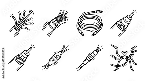 fiber optic cable line vector set. black color sketches style on white background. Vector illustration.