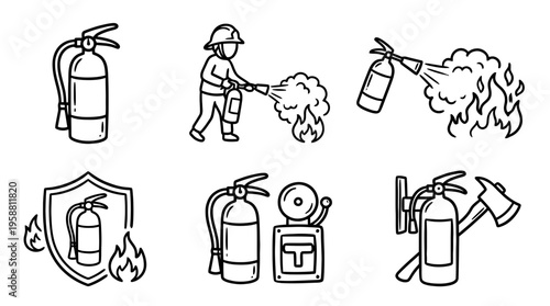 fire extinguisher line vector set. black color sketches style on white background. Vector illustration.