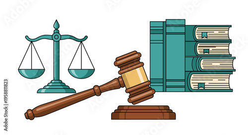 A brown wooden gavel rests on a sounding block next to a teal scale of justice and a stack of four law books.