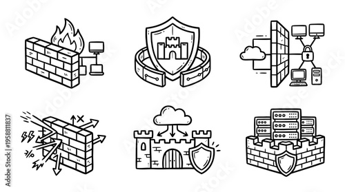 firewall wall line vector set. black color sketches style on white background. Vector illustration.