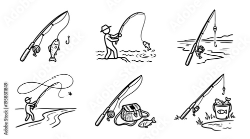 fishing rod line vector set. black color sketches style on white background. Vector illustration.