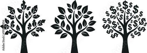 A visual metaphor of financial journey, depicting three trees symbolizing stages from struggle and decline to steady growth and ultimate monetary prosperity