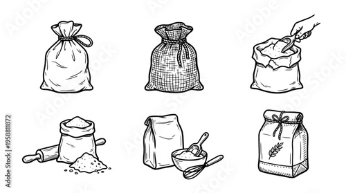 flour bag line vector set. black color sketches style on white background. Vector illustration.