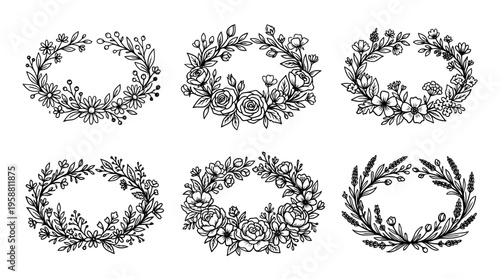 flower crown line vector set. black color sketches style on white background. Vector illustration.