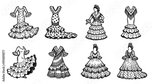 flamenco dress line vector set. black color sketches style on white background. Vector illustration.