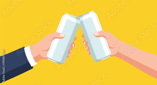 Two hands, one in a suit, are clinking together two plain silver cans against a vibrant yellow background.