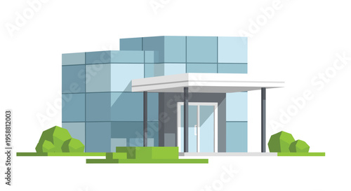 A modern, cubic glass building with a canopy and green bushes stands on a white background.